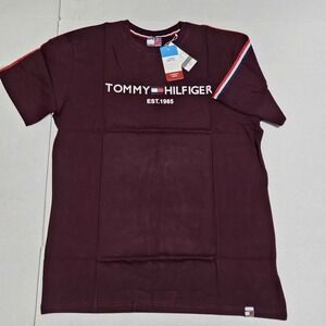 Tommy Hilfiger Mens Maroon Logo Graphic T-Shirt Stripe Sleeve X-Large NEW